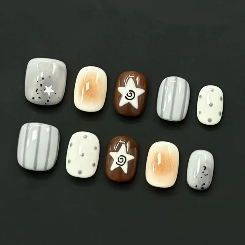 Gray Stripe and Brown Star Press On Nails