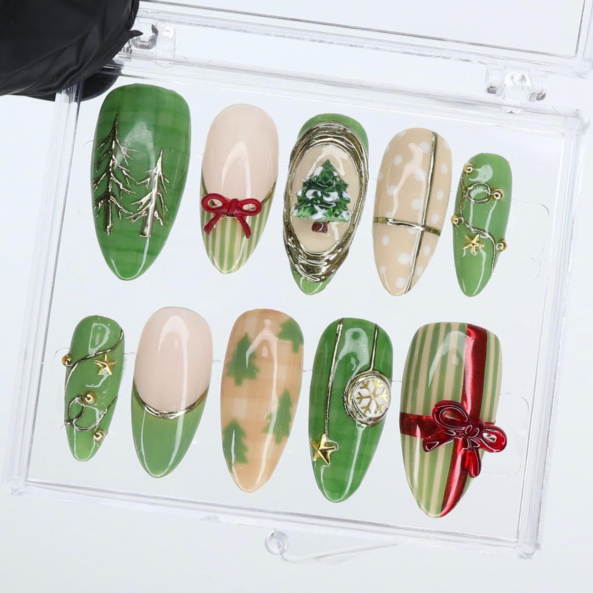 Green and Cream Christmas Nails with Painted Trees, Red Bows and Gold Accents