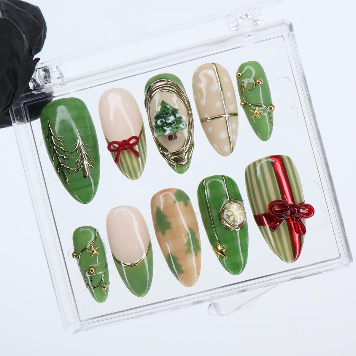 Green and Cream Christmas Nails with Painted Trees, Red Bows and Gold Accents