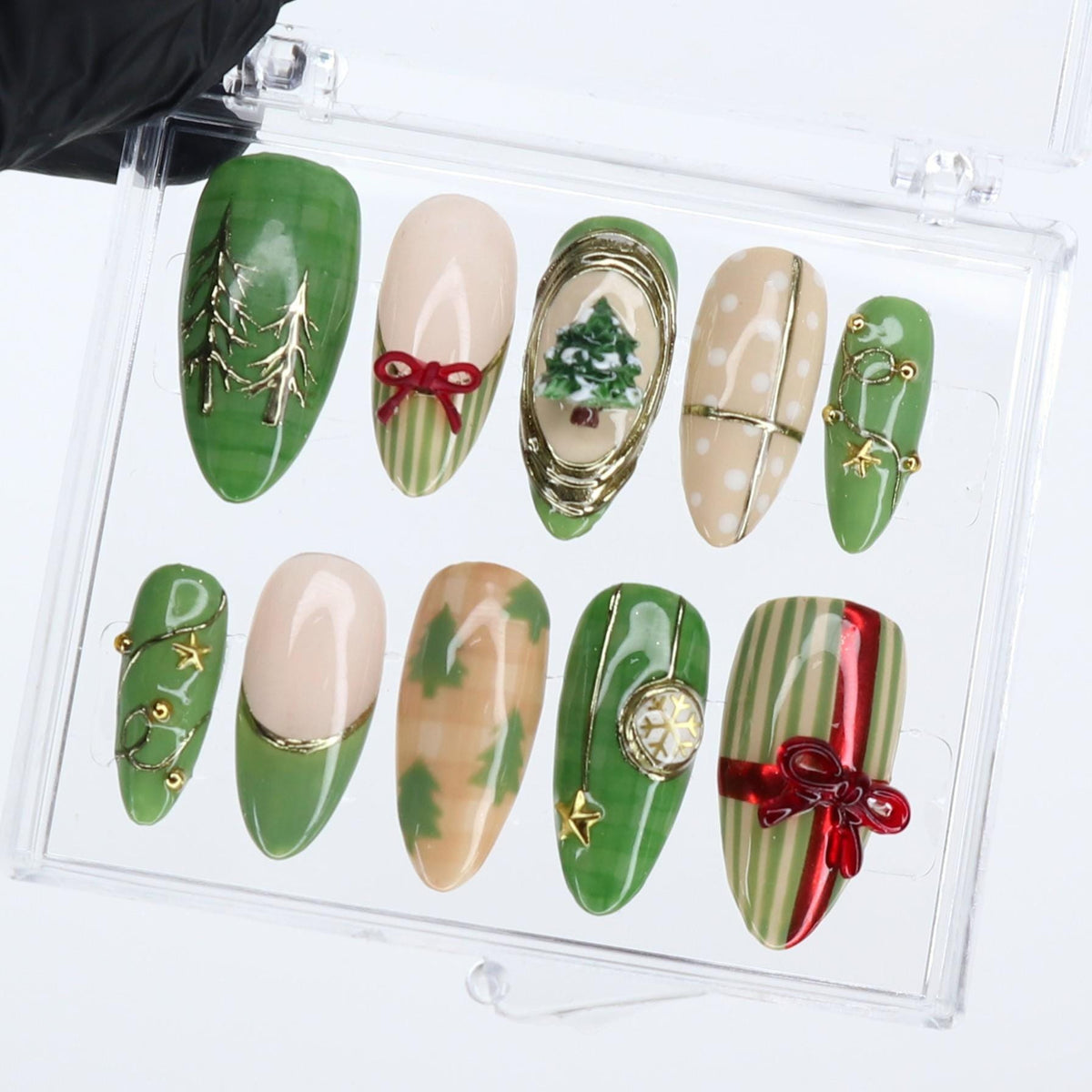 Green and Cream Christmas Nails with Painted Trees, Red Bows and Gold Accents