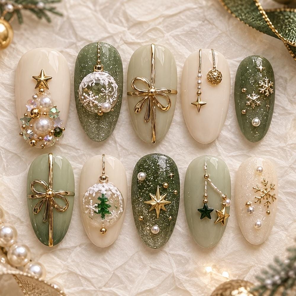 Green and Nude Christmas Press-On Nails With Gold Bows, Ornaments and Snowflakes