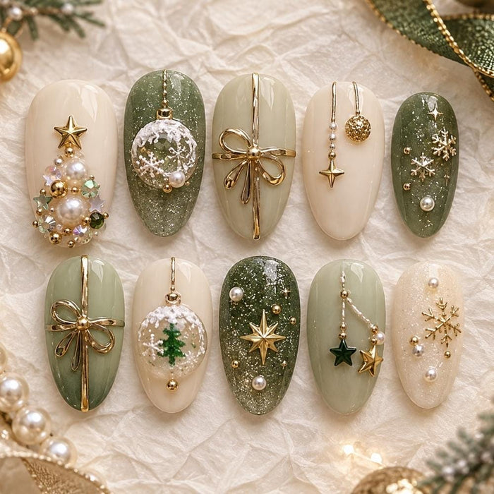 Green and Nude Christmas Press-On Nails With Gold Bows, Ornaments and Snowflakes