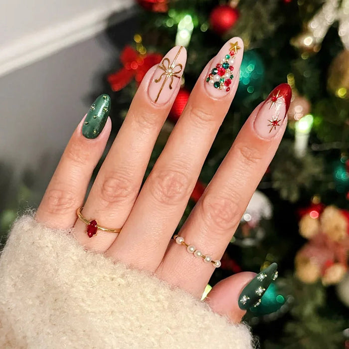 Green and Pink Christmas Tree Press On Nails with Gold Bows and Jeweled Details