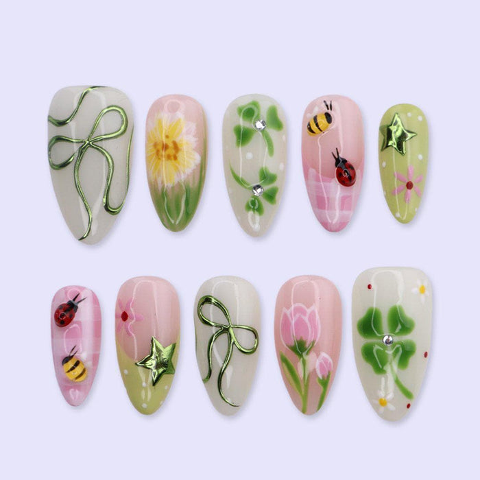 Green and Pink Garden Press On Nails with Clovers, Flowers, Bees, and Ladybugs