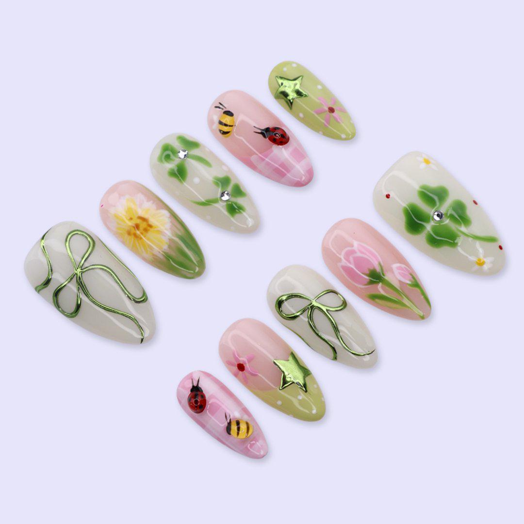 Green and Pink Garden Press On Nails with Clovers, Flowers, Bees, and Ladybugs