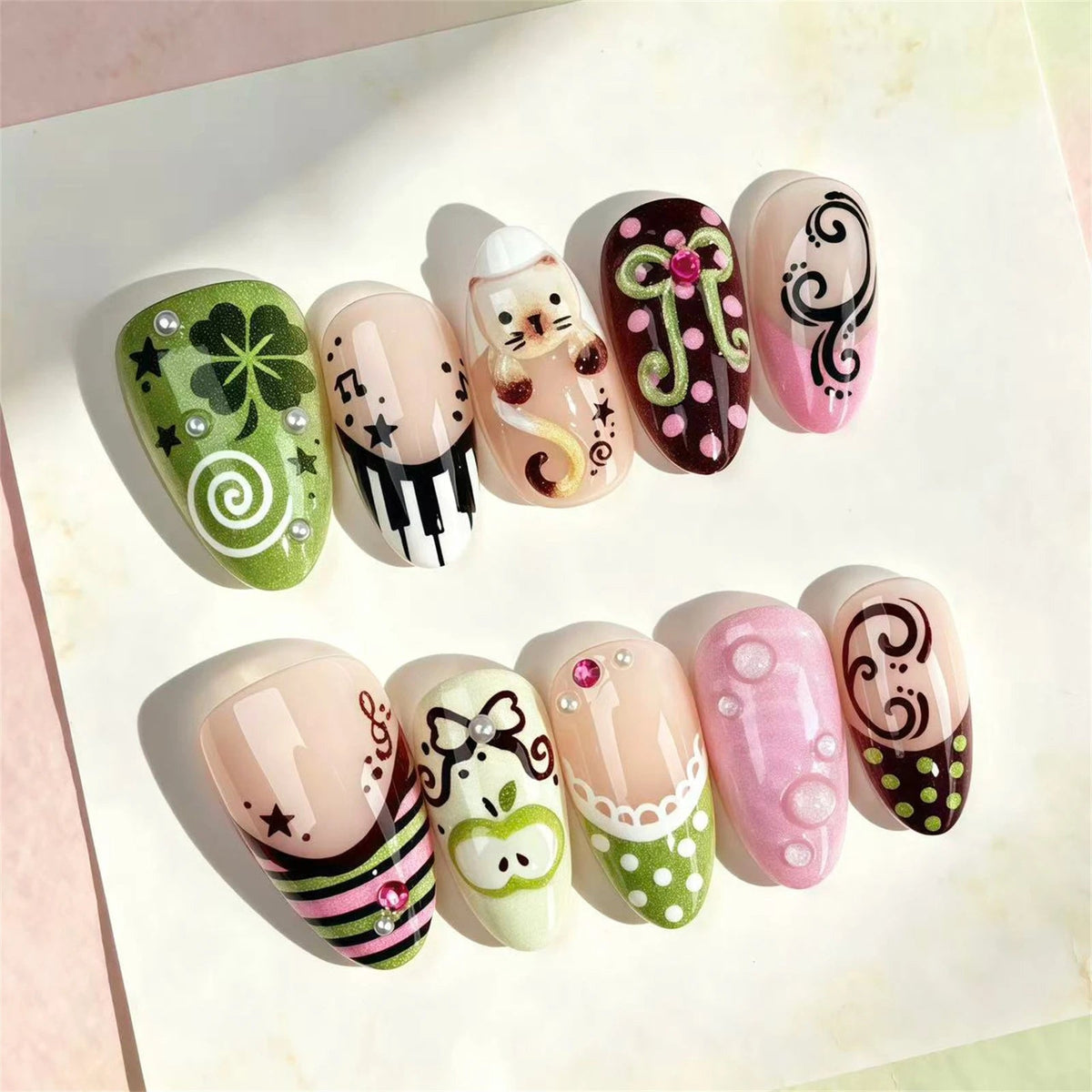 Green and Pink Whimsical Nail Set with Clover, Music, Cat and Swirl Art