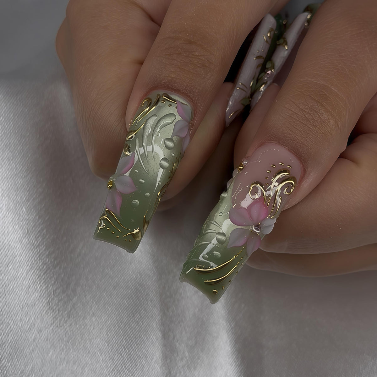 Green and White Floral Butterfly Nails with Raised Pink Flowers and Gold Accents