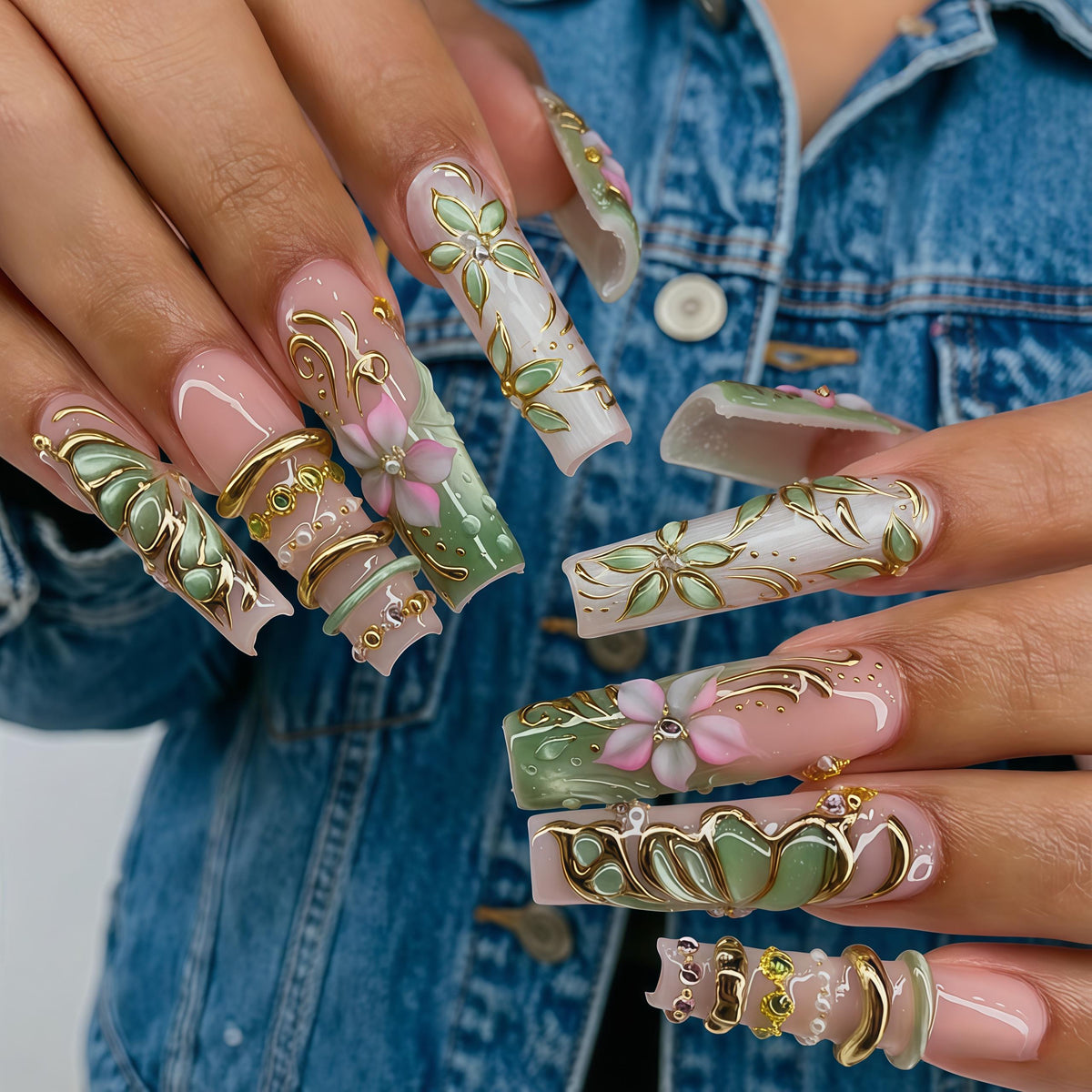 Green and White Floral Butterfly Nails with Raised Pink Flowers and Gold Accents