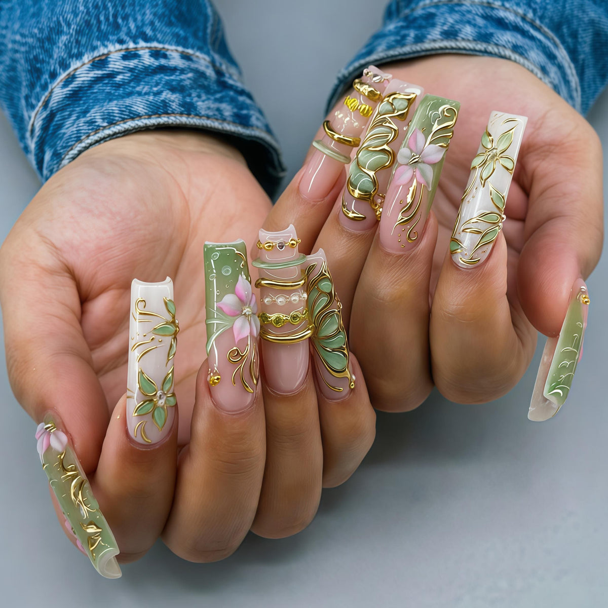 Green and White Floral Butterfly Nails with Raised Pink Flowers and Gold Accents