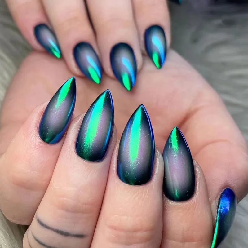 Green Aurora Cat-Eye Chrome Press-On Nails
