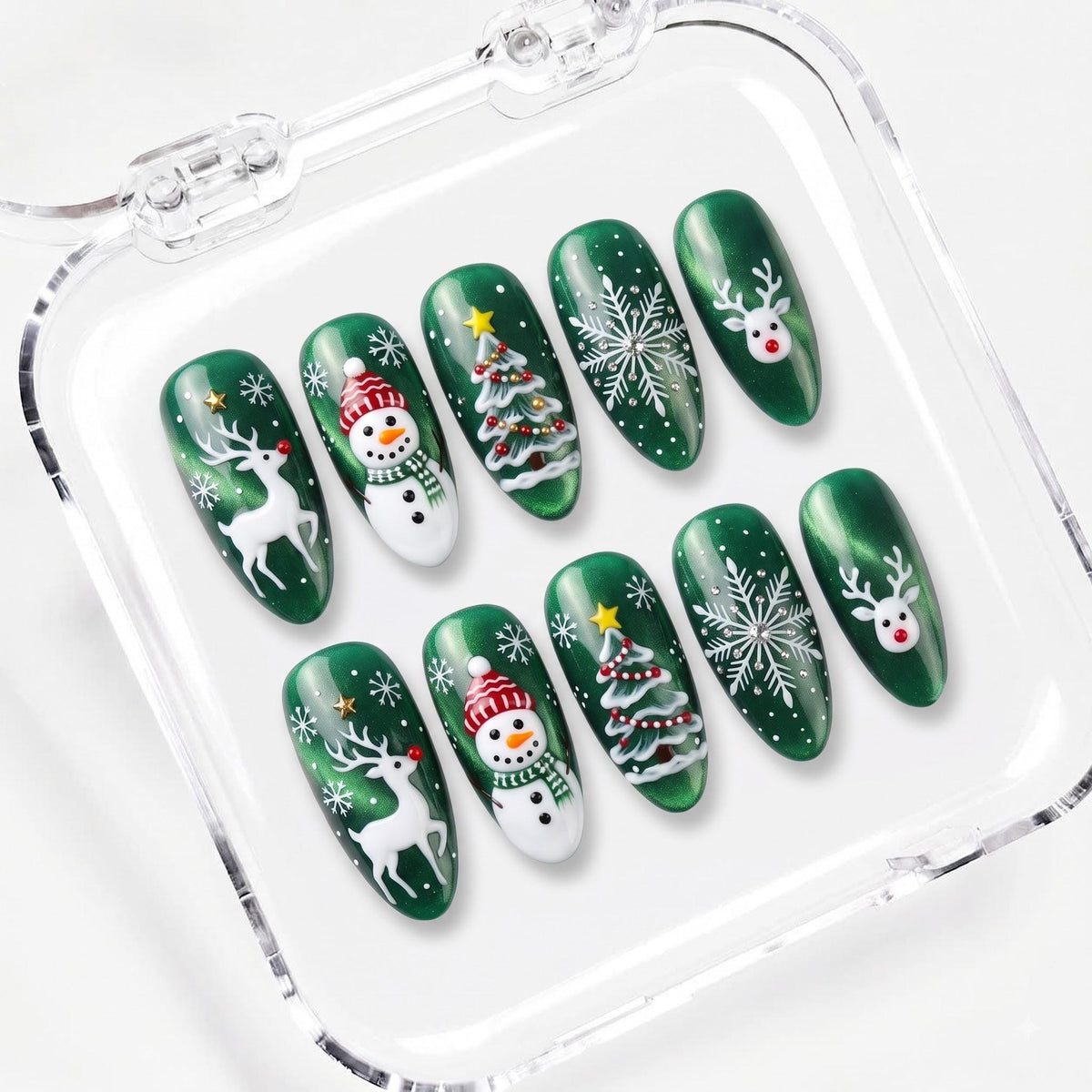 Green Cat Eye Christmas Nails With Snowmen, Reindeer, Trees, and Snowflakes