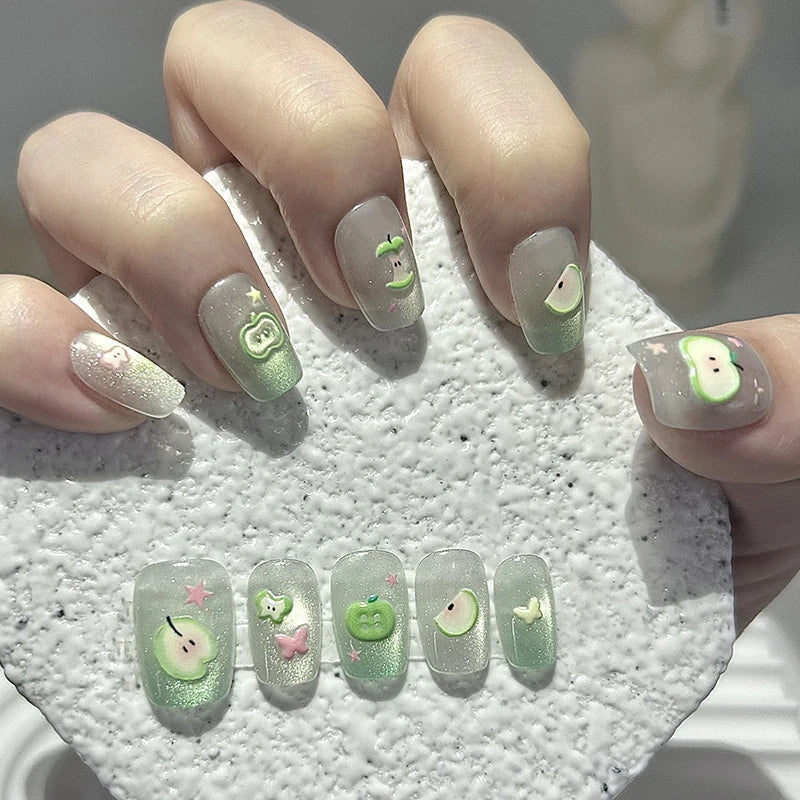Green Cat-Eye Glitter Nail Set With Apple, Butterfly, and Star Details