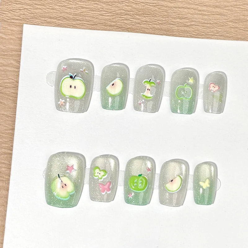 Green Cat-Eye Glitter Nail Set With Apple, Butterfly, and Star Details