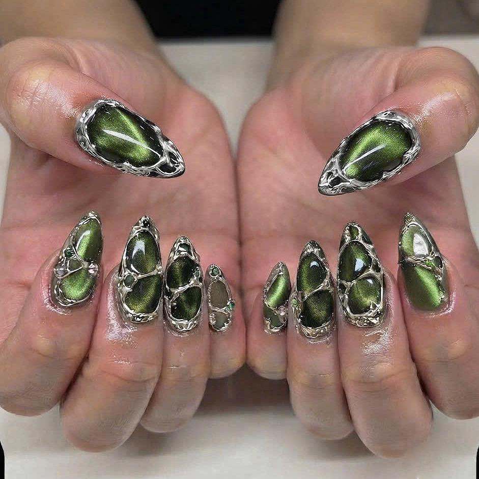Green Cat Eye Nails With Sculpted Silver Chrome Frames