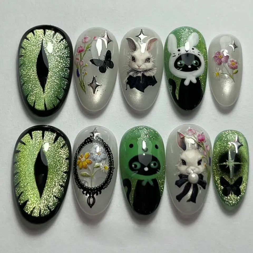 Green Cat-Eye Reptile Eye, Rabbit, and Ghost Nail Set with Floral and Star Details