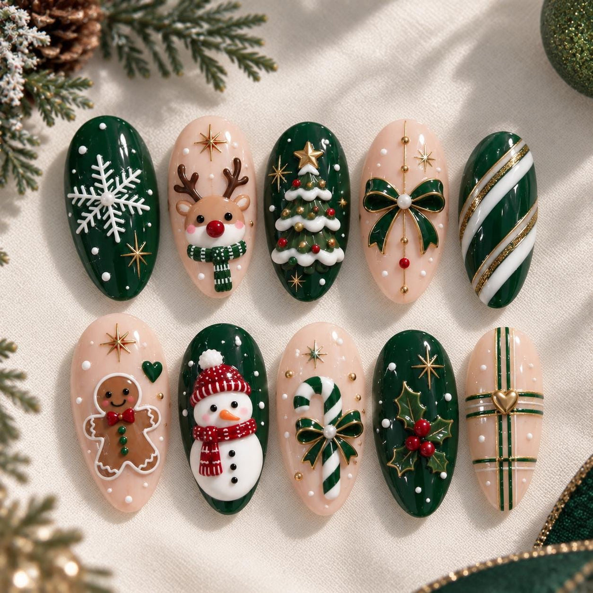 Green Christmas Nail Set With Reindeer, Snowman, Bows and Candy Cane Details