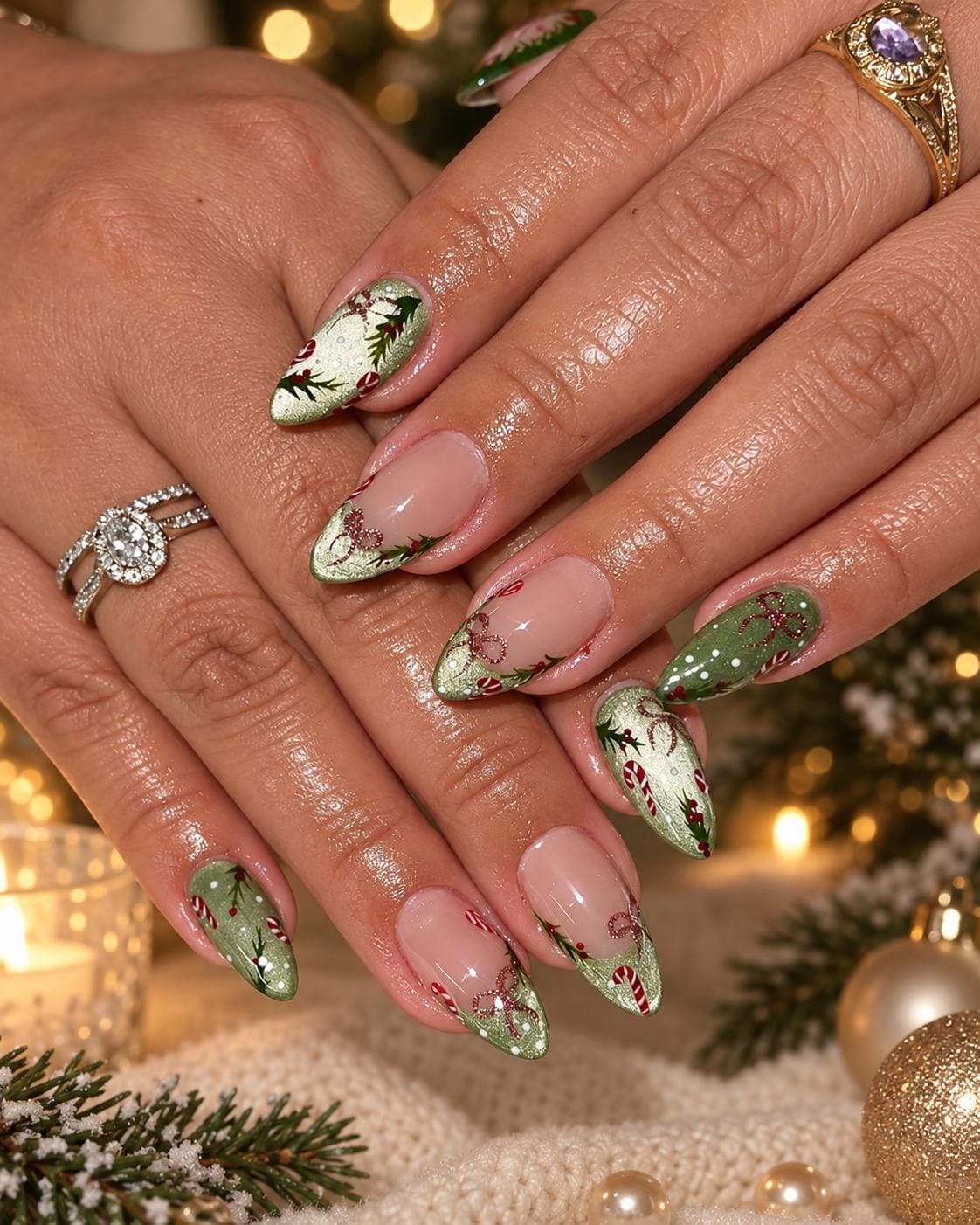 Green Christmas Press-On Nails With Candy Canes, Holly and Shimmering Tips
