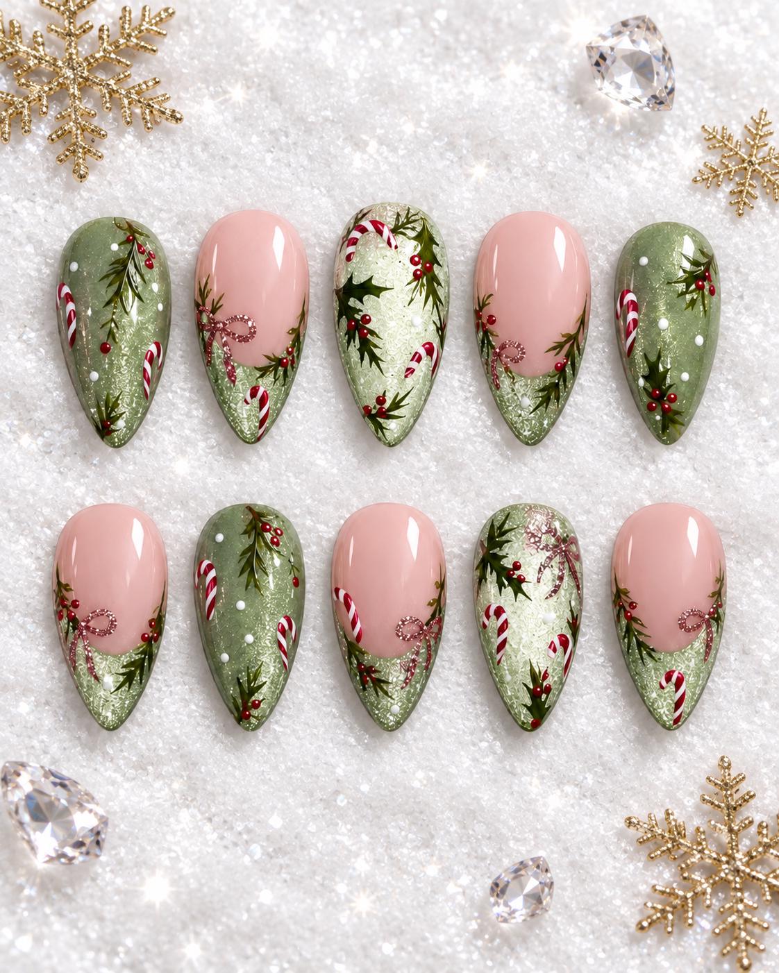 Green Christmas Press-On Nails With Candy Canes, Holly and Shimmering Tips