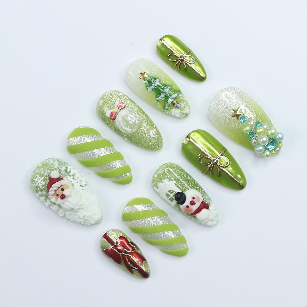 Green Christmas Press On Nails With Santa, Snowman, Trees and 3D Bows