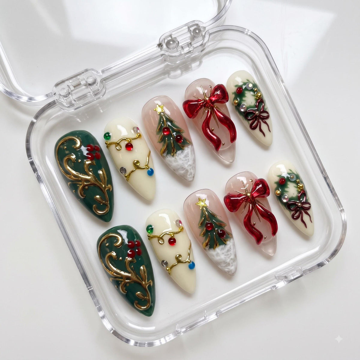 Green Christmas Tree and Holly Press On Nails with Red Bows and Gold Details