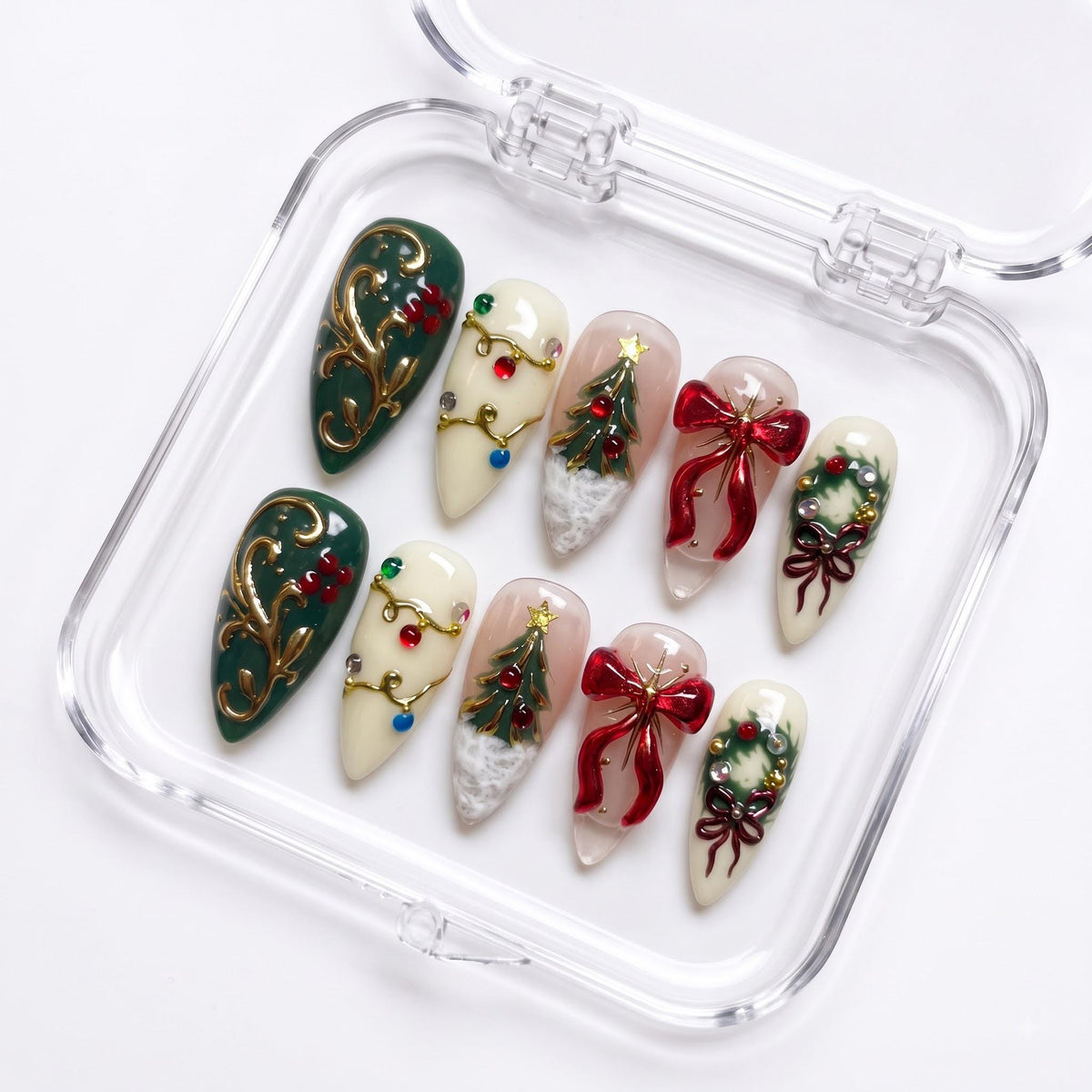 Green Christmas Tree and Holly Press On Nails with Red Bows and Gold Details