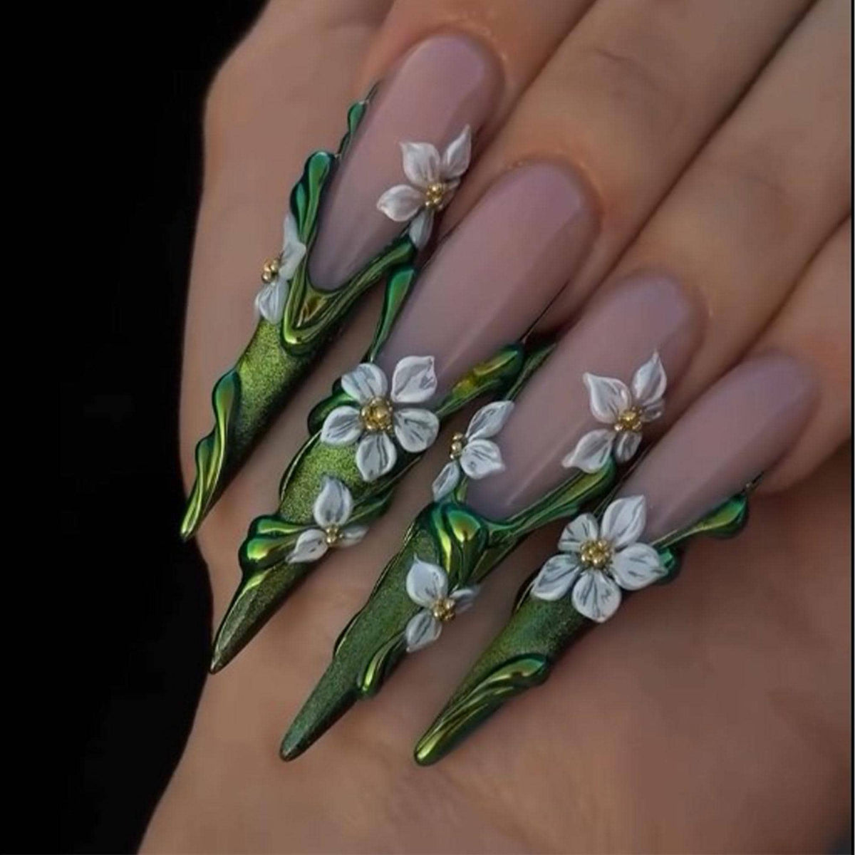Green Chrome and 3D White Flower Press-On Nails