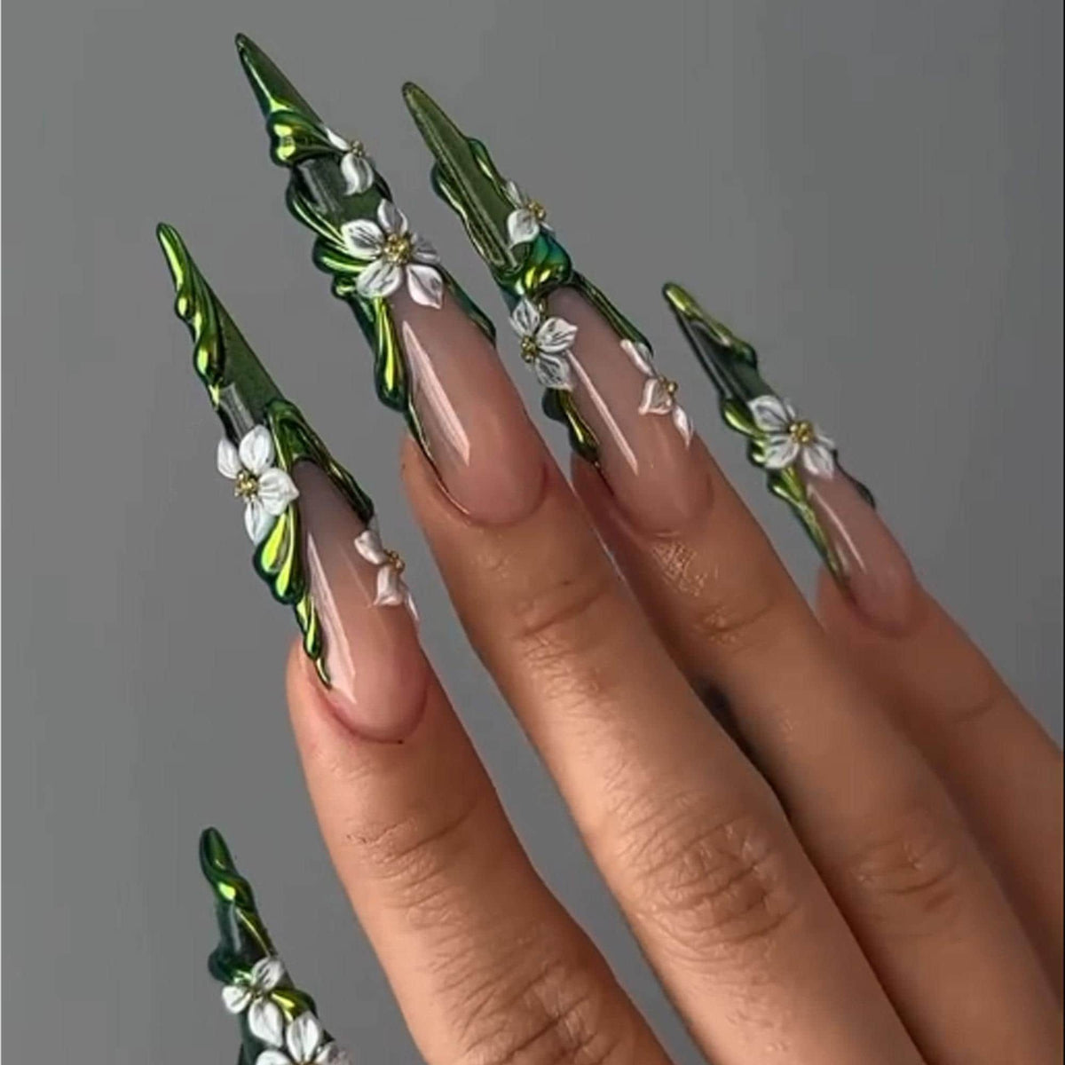 Green Chrome and 3D White Flower Press-On Nails