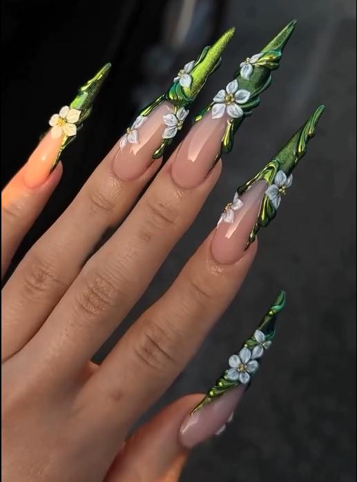 Green Chrome and 3D White Flower Press-On Nails
