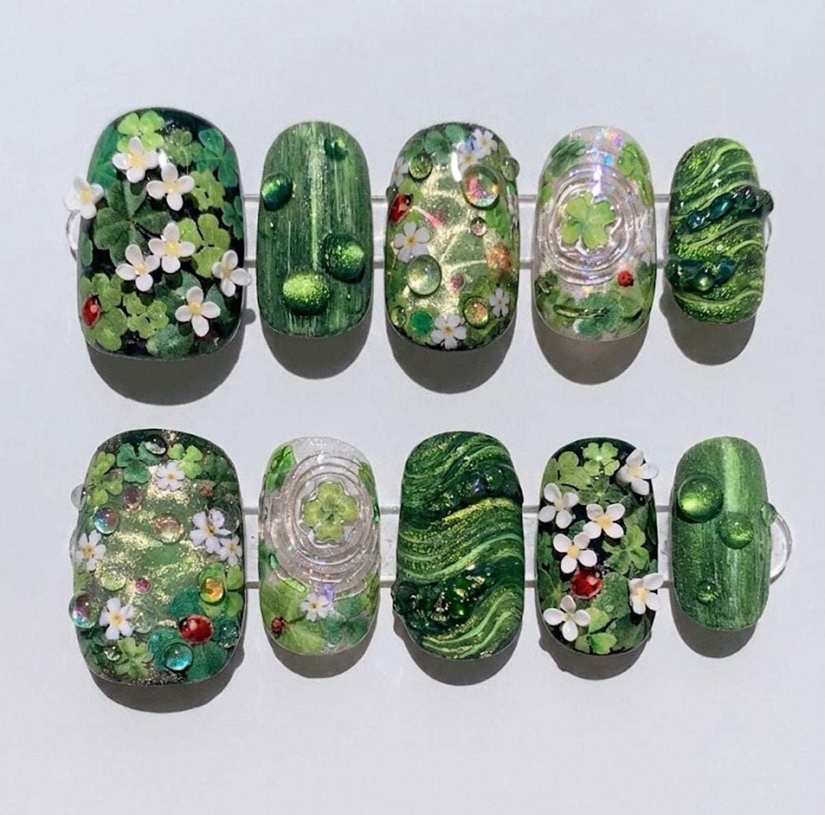 Green Clover and White Flower Nails with Raised Dew Drops