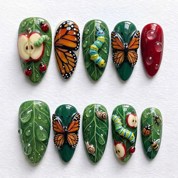 Green Garden Bug Press On Nails With Butterflies, Apples, Ladybugs and Raised Details