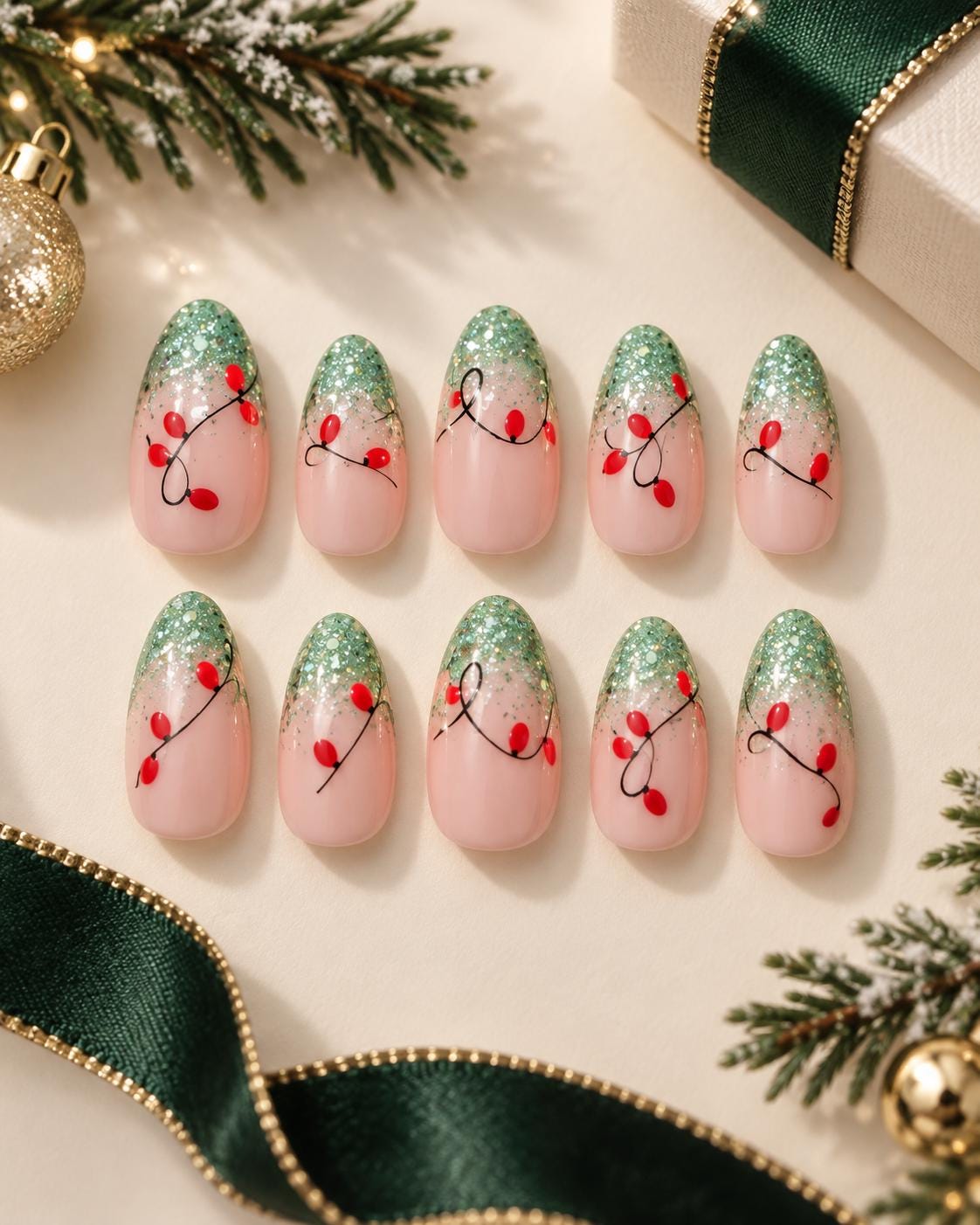 Green Glitter French Tip Christmas Light Press On Nails