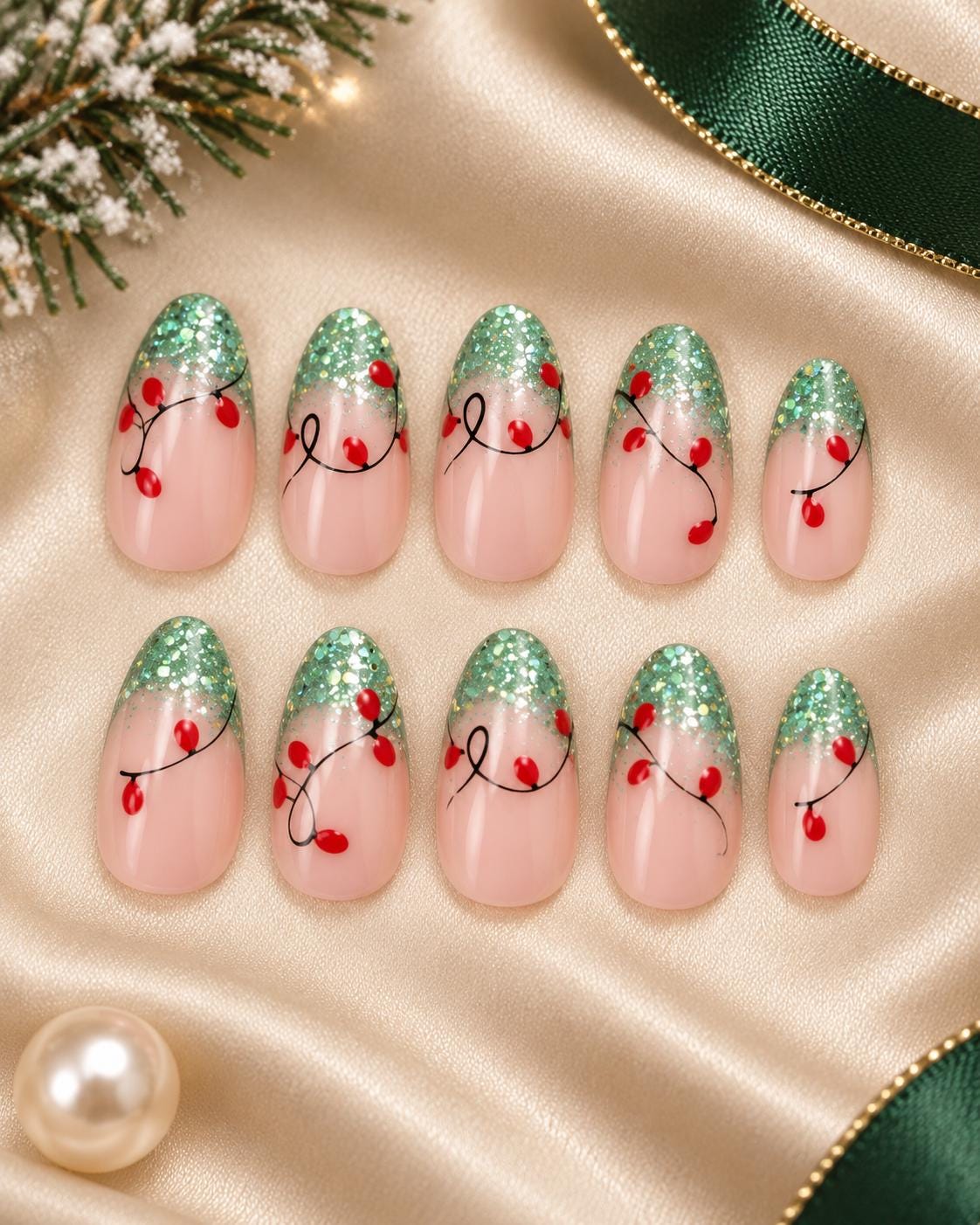 Green Glitter French Tip Christmas Light Press On Nails