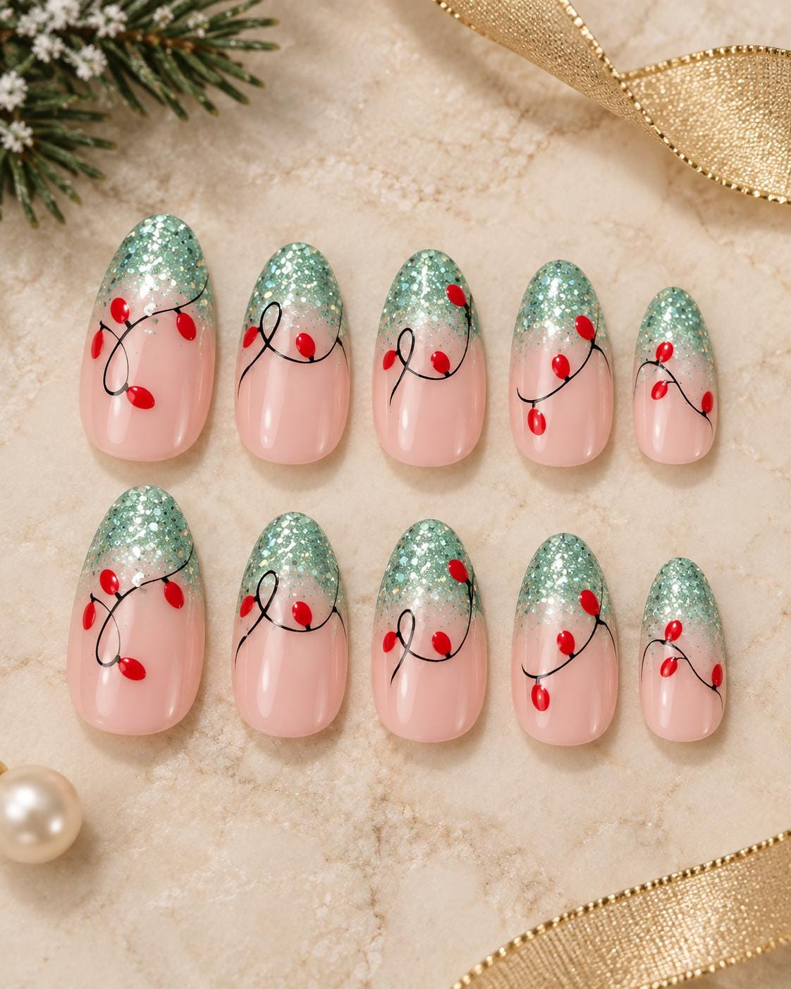 Green Glitter French Tip Christmas Light Press On Nails