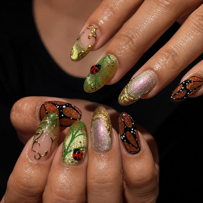 Butterfly and Ladybug Press On Nails with Green Glitter and Gold Details