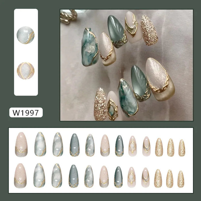 Green Gray Marble and Champagne Gold Glitter Press On Nail Set