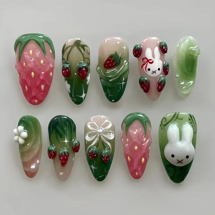 Green Strawberry Bunny Press-On Nail Set with Bows and Flowers
