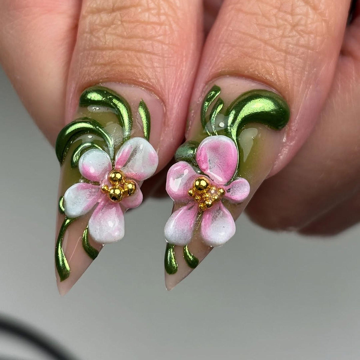 Green Vine Floral Spring Garden Press-On Nail Set with 3D Pink Flowers and Gold Bows