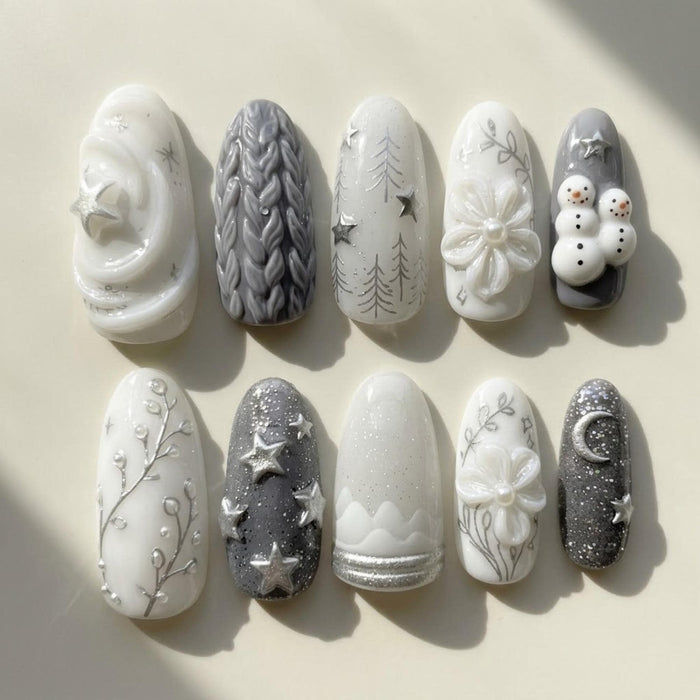 Grey and White Winter Press-On Nails with Snowmen, Cable-Knit Texture, Stars and Flowers