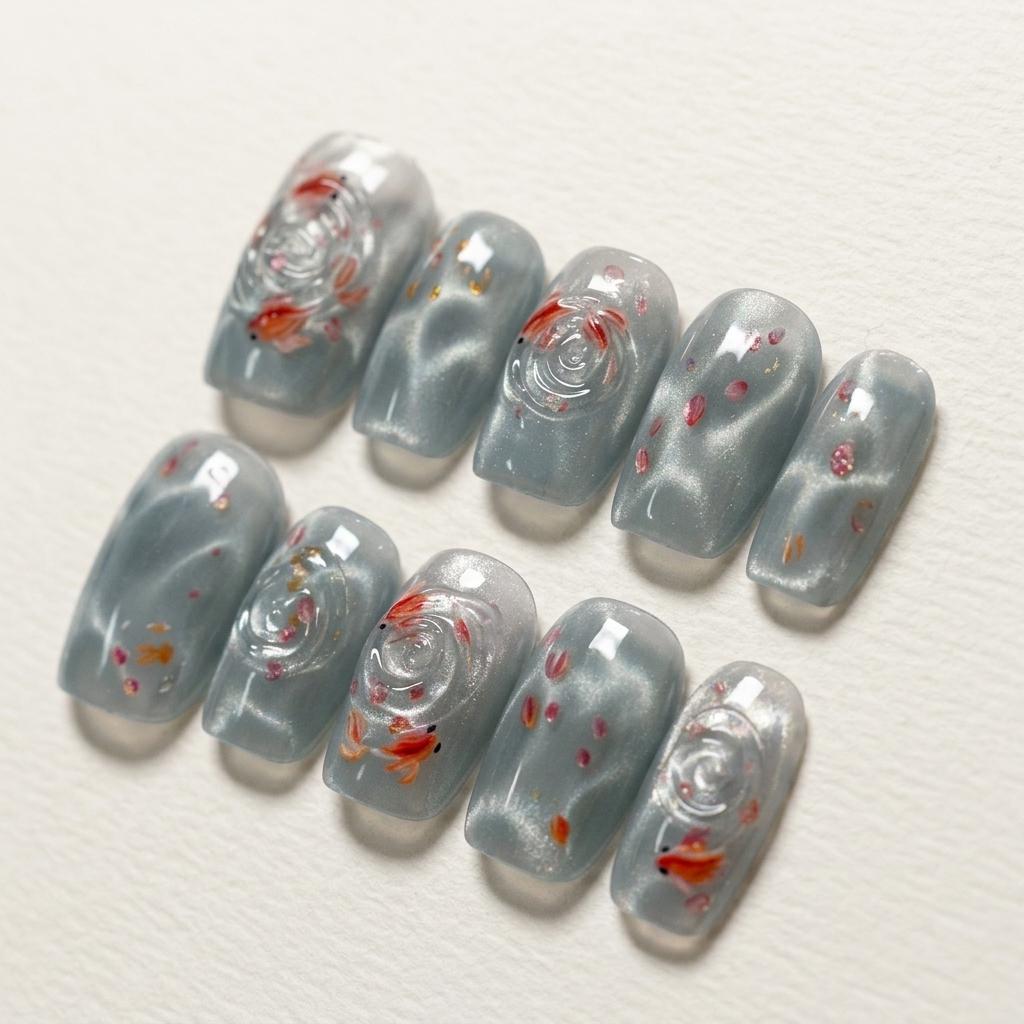 Grey-Blue Cat-Eye Goldfish Press-On Nails With 3D Water Ripples