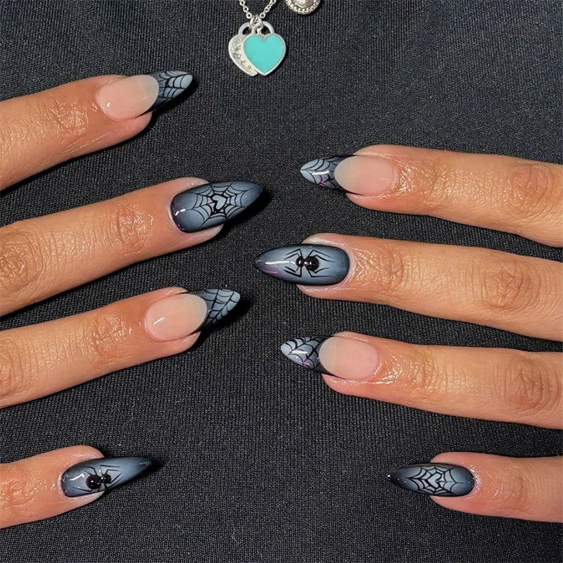 Grey-Blue Cat Eye Spiderweb Halloween Press-On Nail Set
