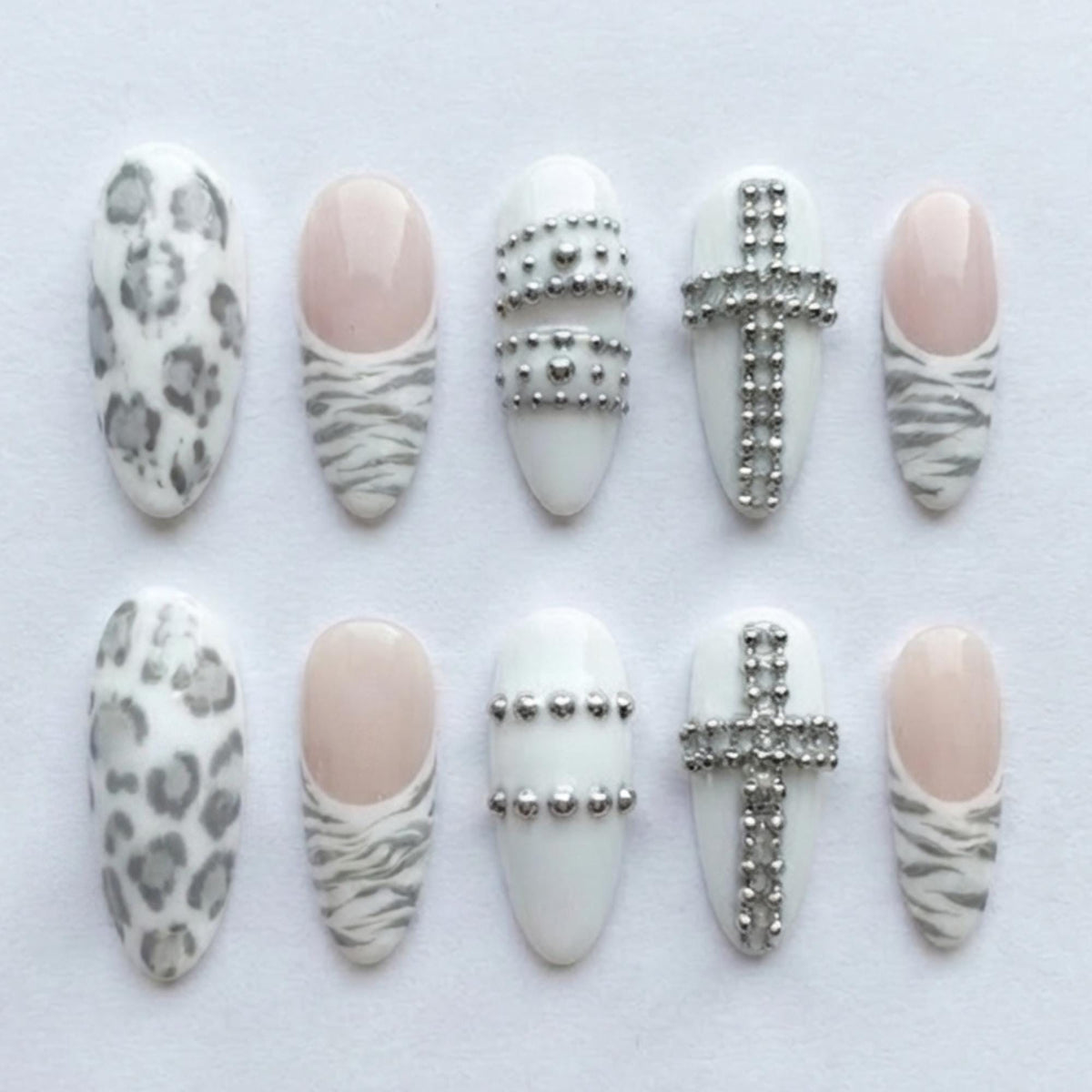 Grey Leopard and Zebra Print Nails with Silver Bead Crosses