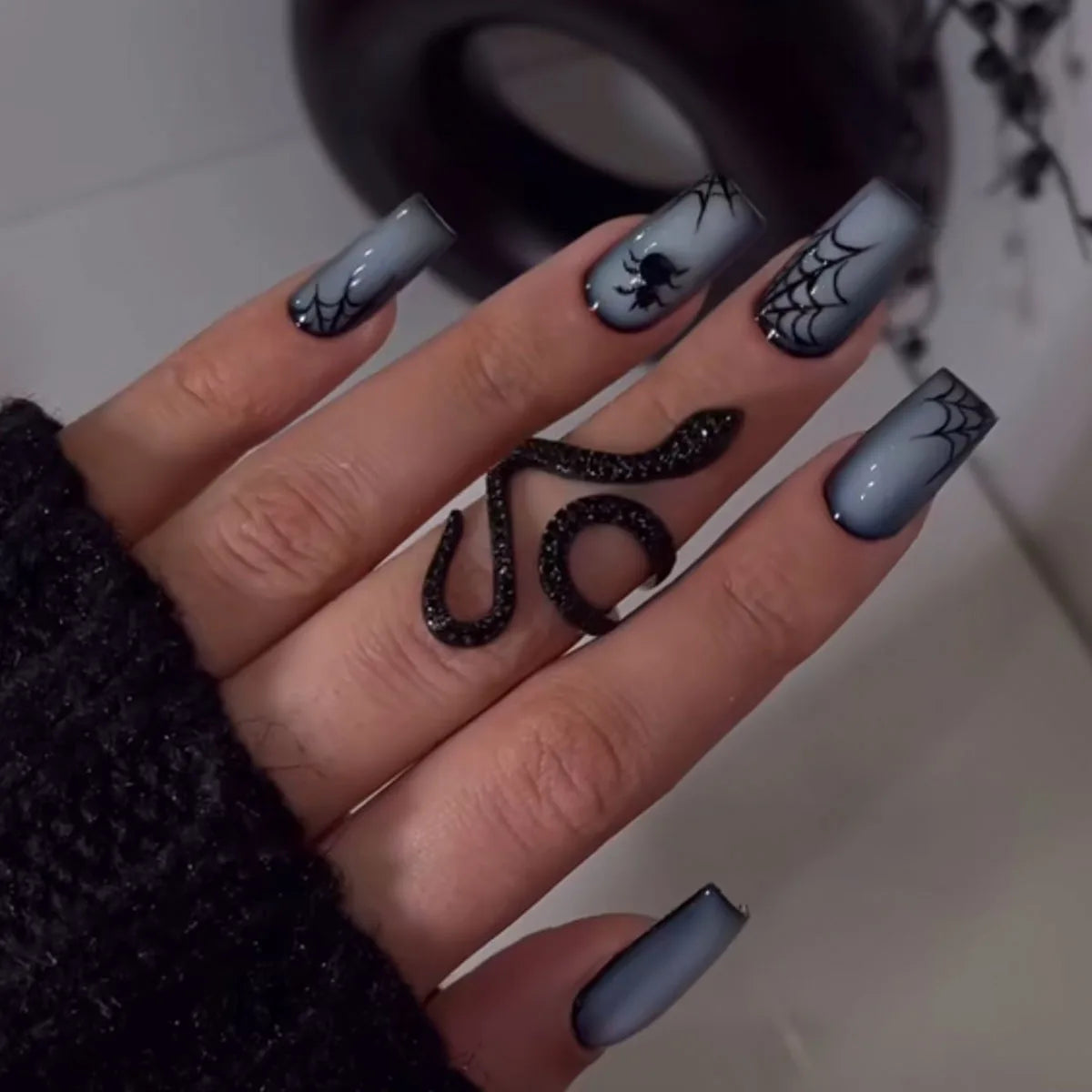 Grey-to-Black Ombre Spiderweb Halloween Nails