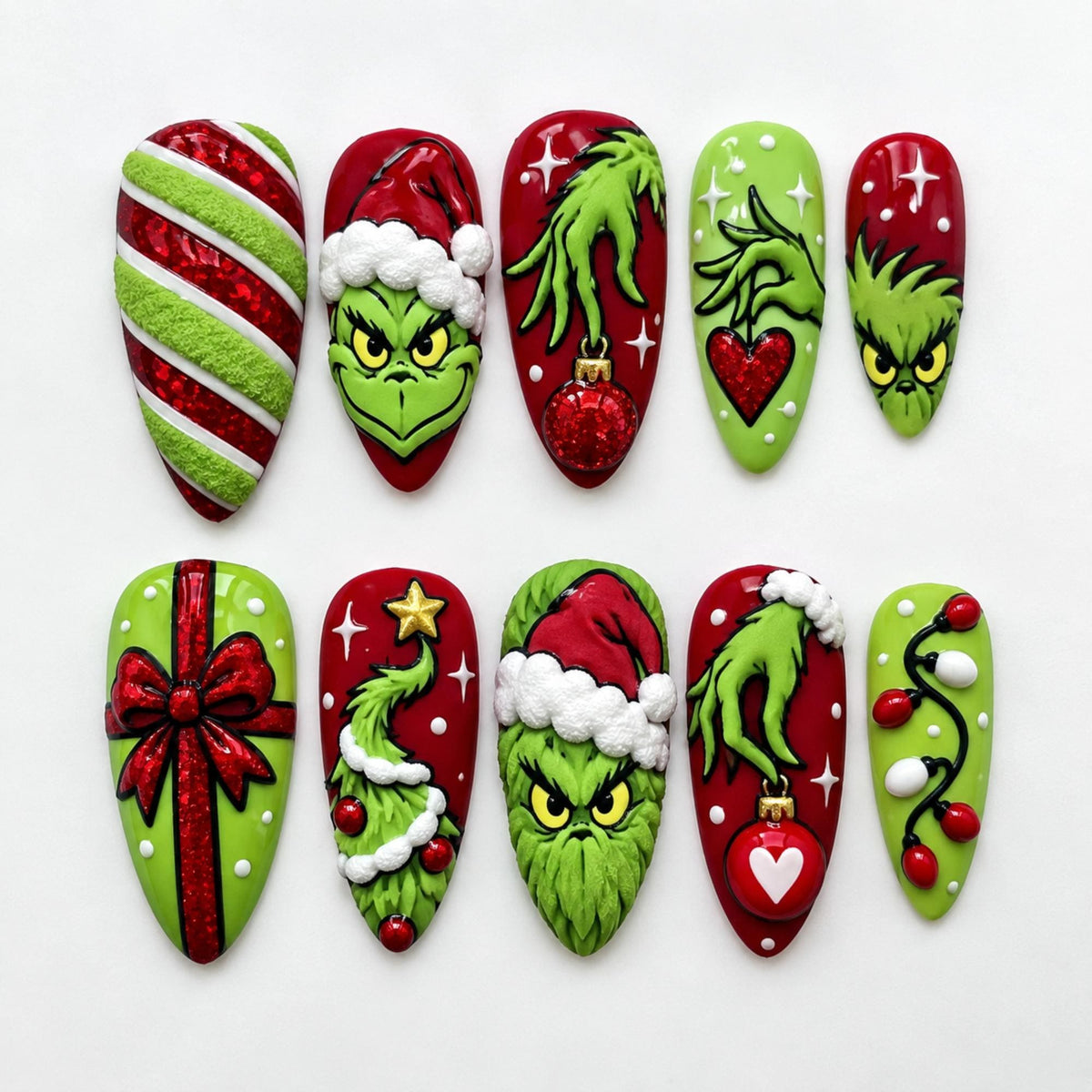 Grinch Christmas Press-On Nails With Santa Hats, Hearts, Bow, and Holiday Details