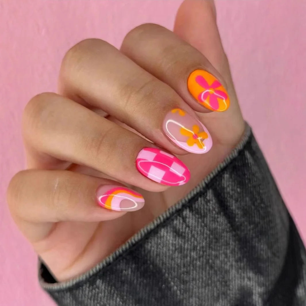 Groovy Retro Flower and Color-Block Press-On Nail Set