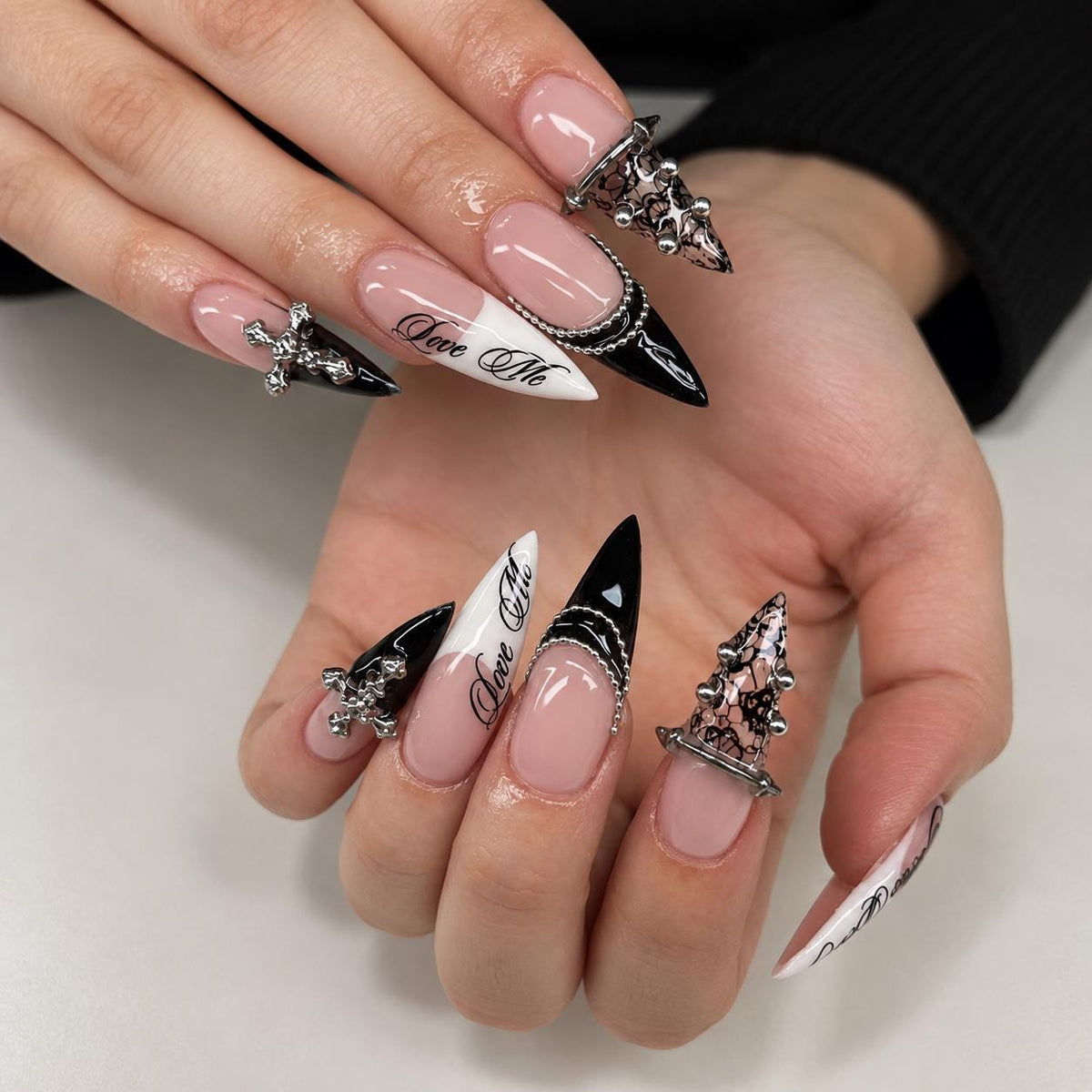 Grunge Gothic Y2K Black and White French Tip Nails With Silver Charms and “Love Me” Script