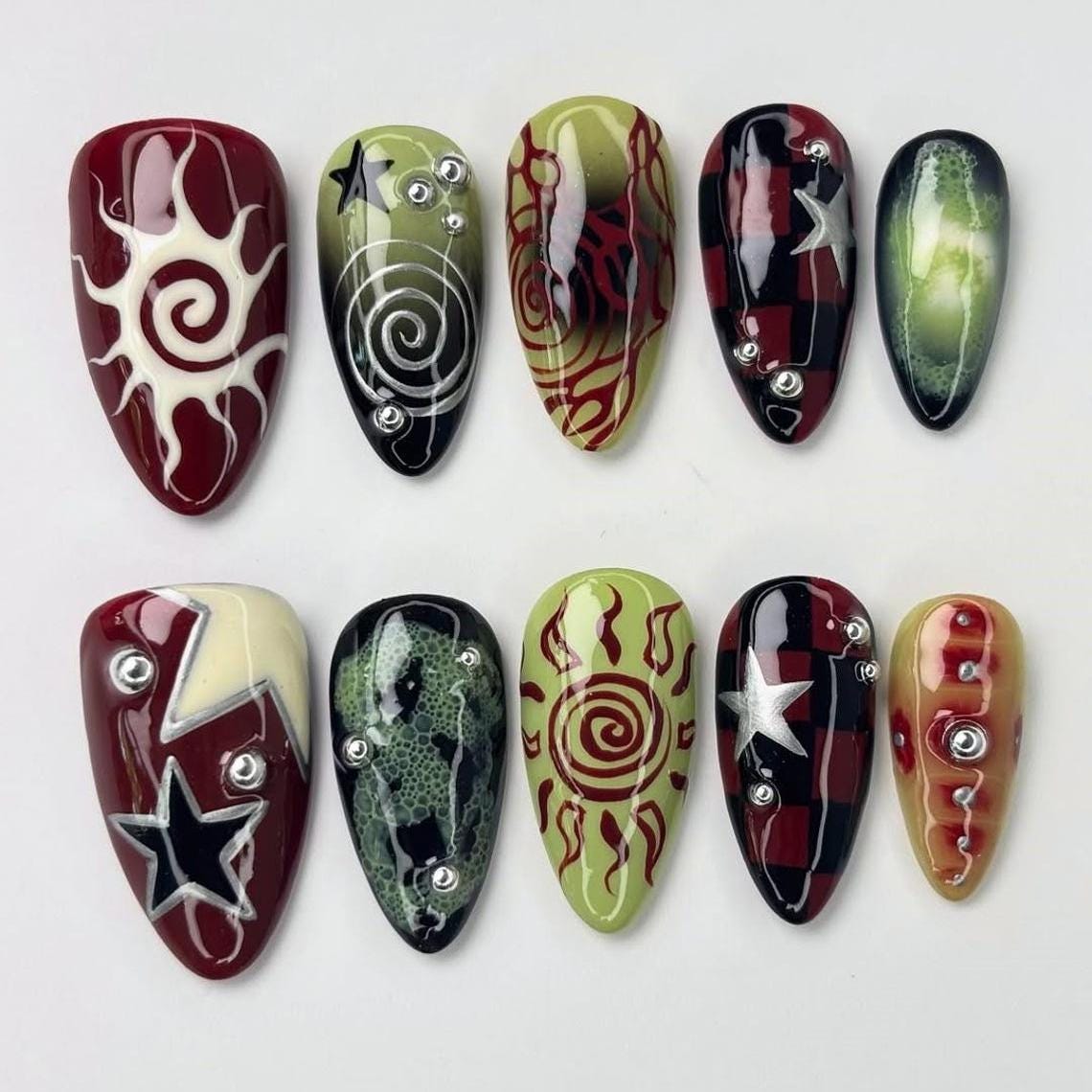 Grunge Sun Press On Nails With Red and Green Spirals, Stars and Checkerboard Details
