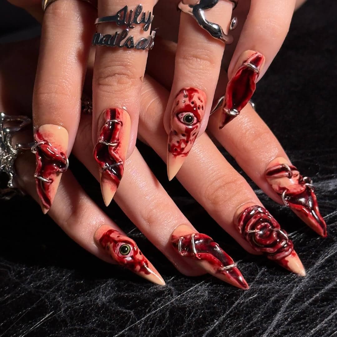 Halloween 3D Horror Eye and Stitched Nail Set in Bloody Red, Black, and Nude