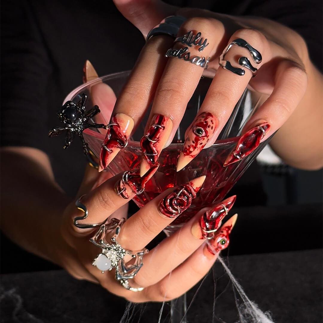 Halloween 3D Horror Eye and Stitched Nail Set in Bloody Red, Black, and Nude
