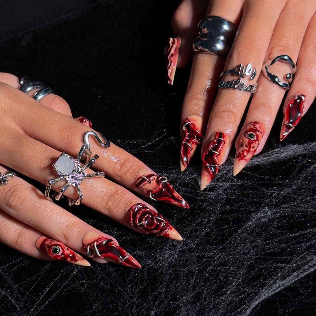 Halloween 3D Horror Eye and Stitched Nail Set in Bloody Red, Black, and Nude