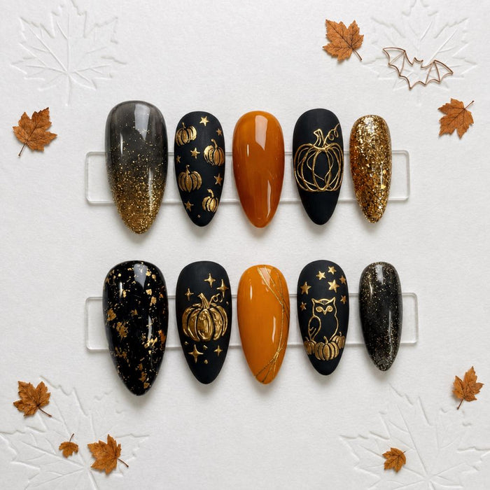 Halloween and Fall Black and Burnt Orange Pumpkin Press On Nails with Gold Foil and Glitter